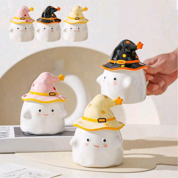 Adorable tasses fantôme Halloween en céramique avec chapeaux de sorcier colorés, parfaites pour un cadeau mignon et original.