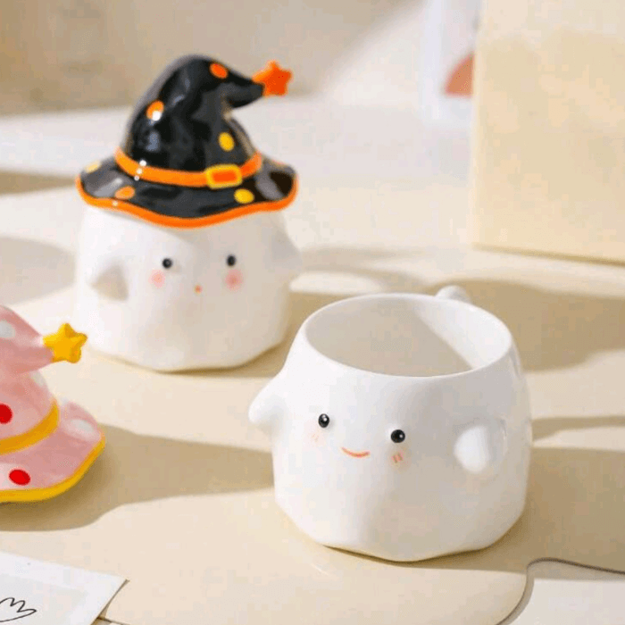 tasse fantôme Halloween mignon céramique 350 ml, mug adorable avec chapeau de sorcière pour enfants et adultes, cadeau amusant et original