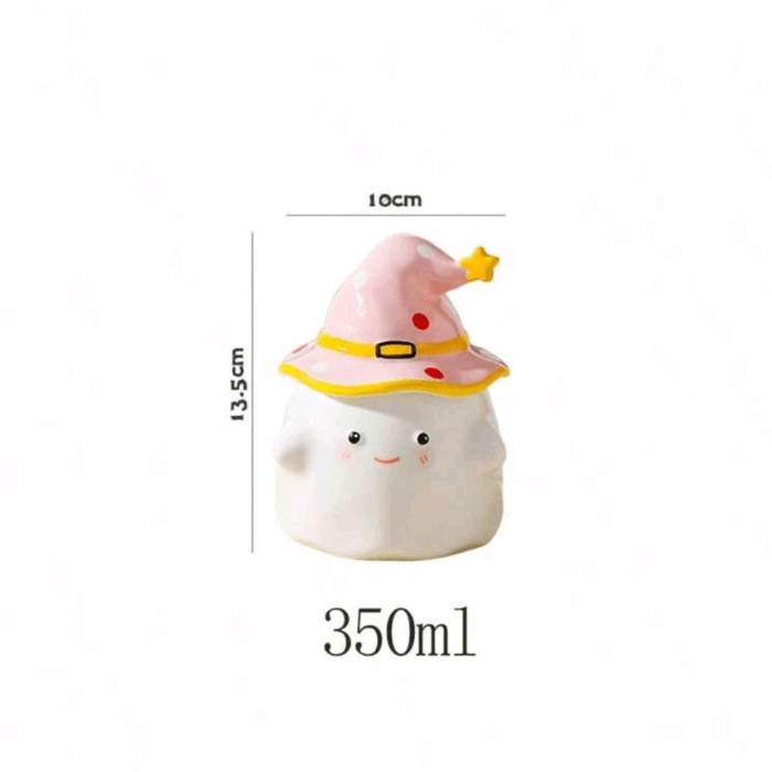 Tasse fantôme Halloween mignon de 350ml en céramique avec un chapeau de sorcière rose et étoile dorée, dimensions indiquées, idéal pour un cadeau festif.