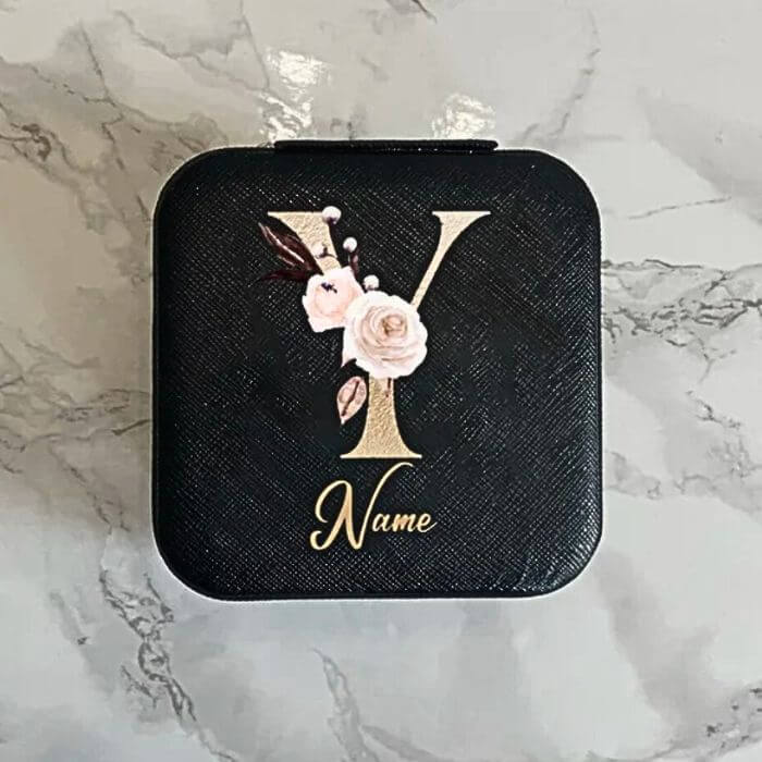 Personalized jewelry box with name and flowers - Black