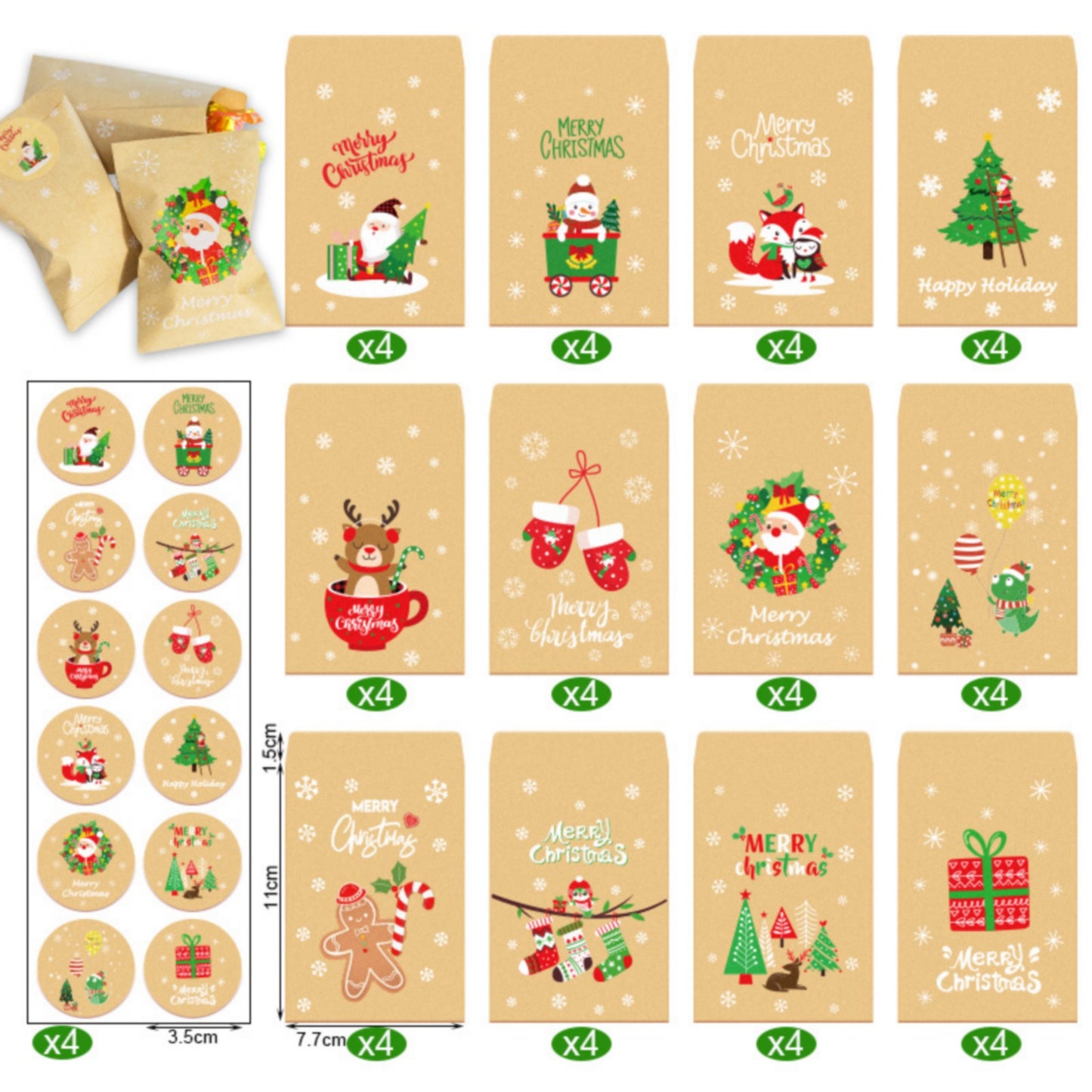 Set of 24 Christmas kraft paper bags with stickers