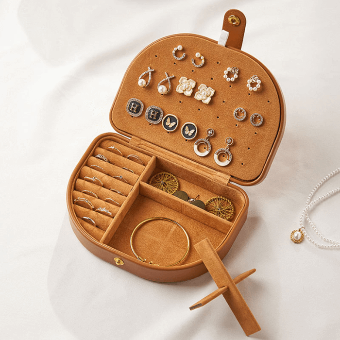 boite à bijoux de voyage pour femme, personnalisable avec prénom, en simili cuir marron