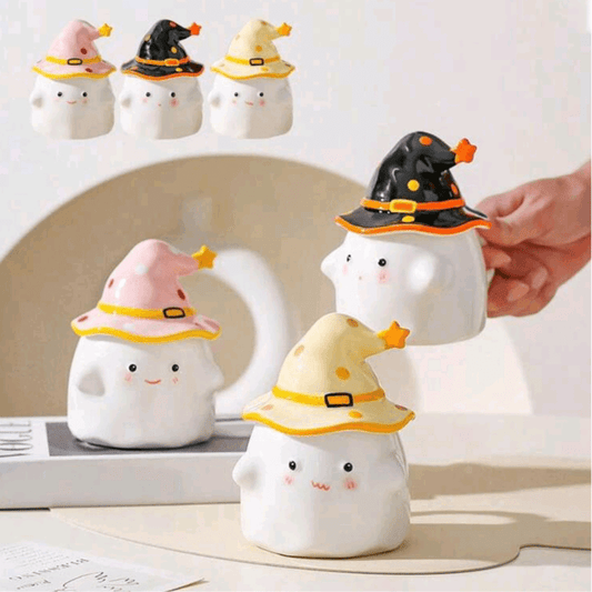 Adorable tasses fantôme Halloween en céramique avec chapeaux de sorcier colorés, parfaites pour un cadeau mignon et original.