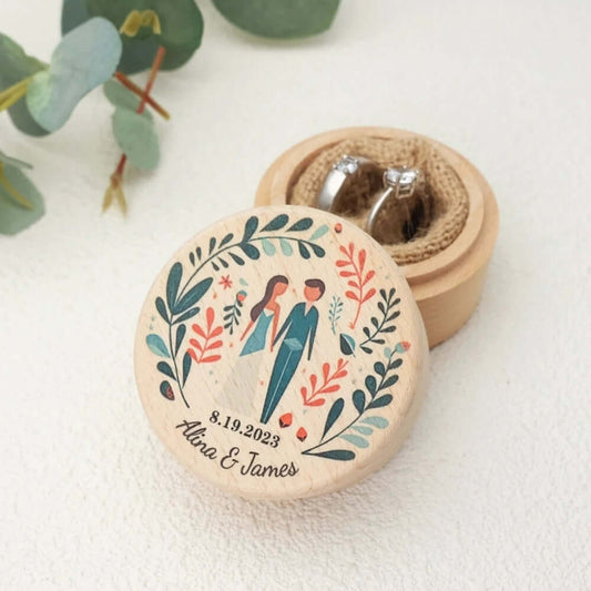 Personalized wooden wedding ring box - Foliage