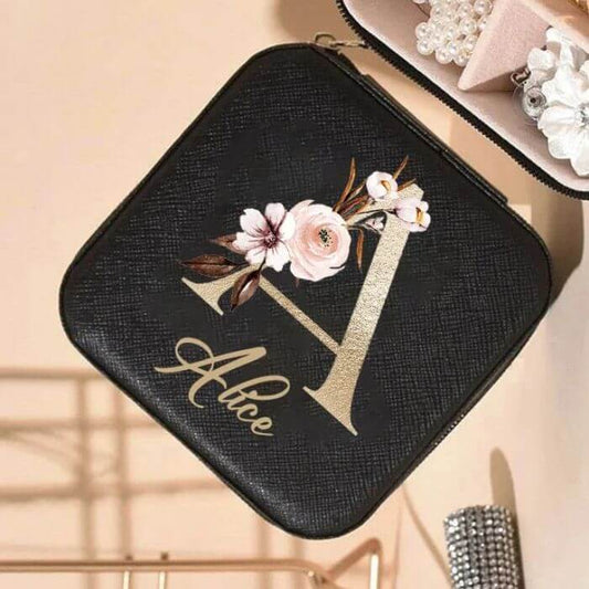 Boite à bijoux personnalisée initiale fleur et prénom noire