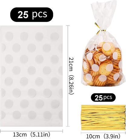 Lot de 25 sachets transparents pour biscuits- motif pois blancs 