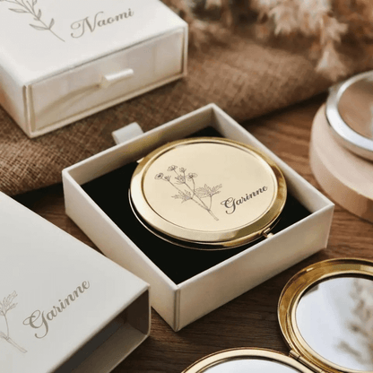 miroir de poche personnalisé doré avec boite cadeau assortie, idée cadeau femme élégant et pratique