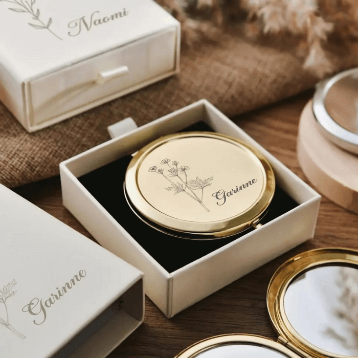 miroir personnalisé doré avec boite cadeau assortie