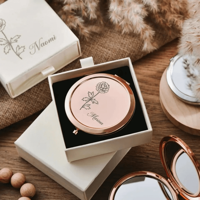 Miroir-personnalise rose golsd avec boite cadeau