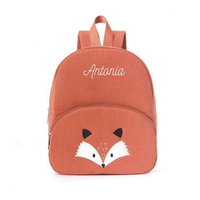 Photo de face d'un sac à dos en velours modèle renard,montrant sa texture côtelée et sa douceur.