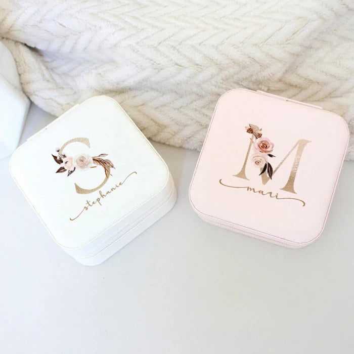 personalized travel jewelry box with name and fower