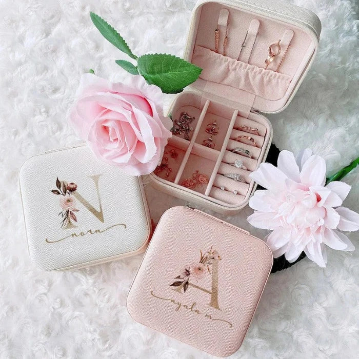 personalized travel jewelry case with name and fower