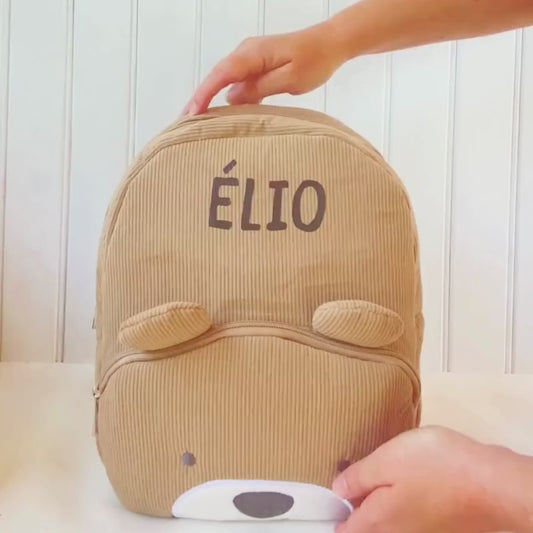 vidéo du sac à dos personnalisé enfant avec prénom, en velours côtelé
