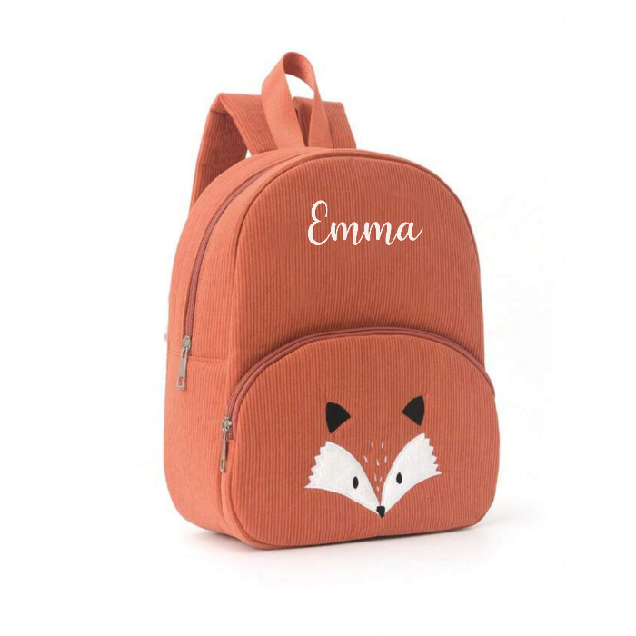 Sac à dos de maternelle personnalisé en velours , modèle renard orange, avec prénom Emma en blanc, parfait pour la rentrée scolaire.