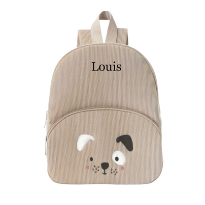 Sac à dos de maternelle personnalisé en velours, modèle chien, parfait pour la rentrée scolaire.