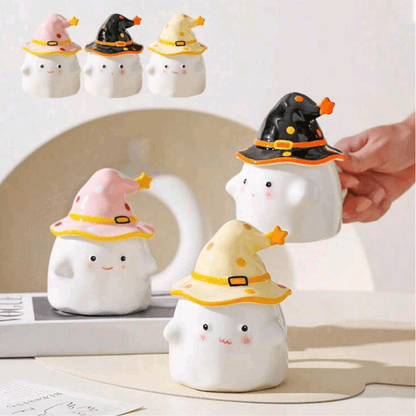 Adorable tasses fantôme Halloween en céramique avec chapeaux de sorcier colorés, parfaites pour un cadeau mignon et original.