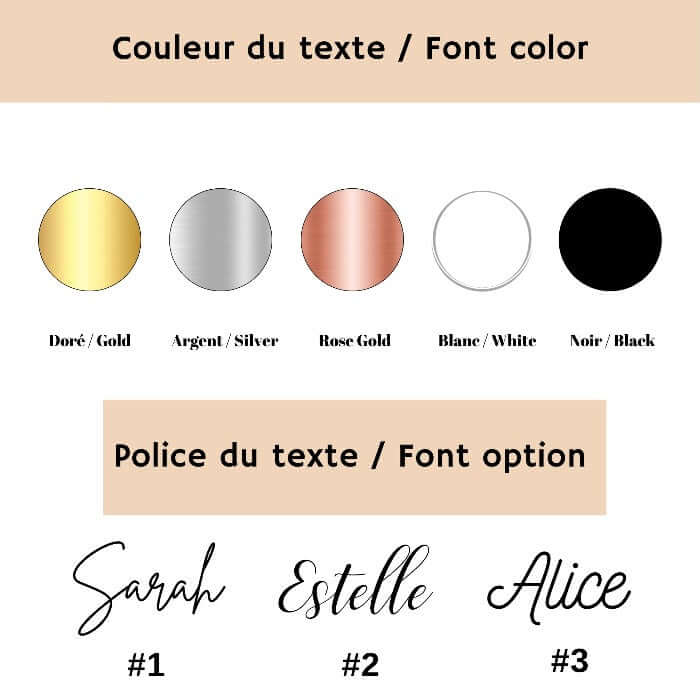 Options de couleurs doré, argent, rose gold, blanc, noir et polices Sarah, Estelle, Alice pour personnalisation de boîte à bijoux