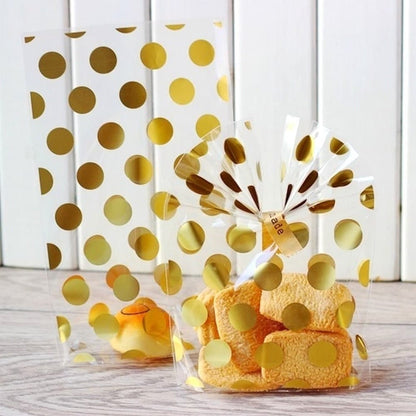 Sachet pour biscuits de Noël, transparent avec des pois dorés. Emballage cadeau pour sablés faits maison.