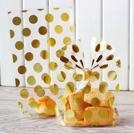 Sachet pour biscuits de Noël, transparent avec des pois dorés. Emballage cadeau pour sablés faits maison.
